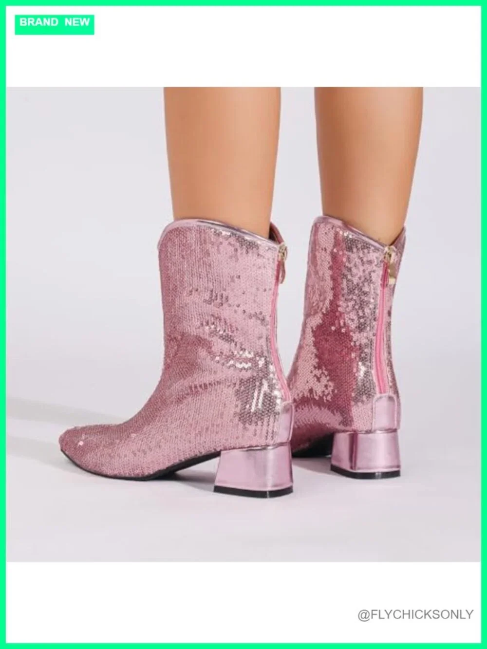 Sequin Sparkly Ankle Boots Chunky Heels Zipper Pointed Toe Cowboy Booties